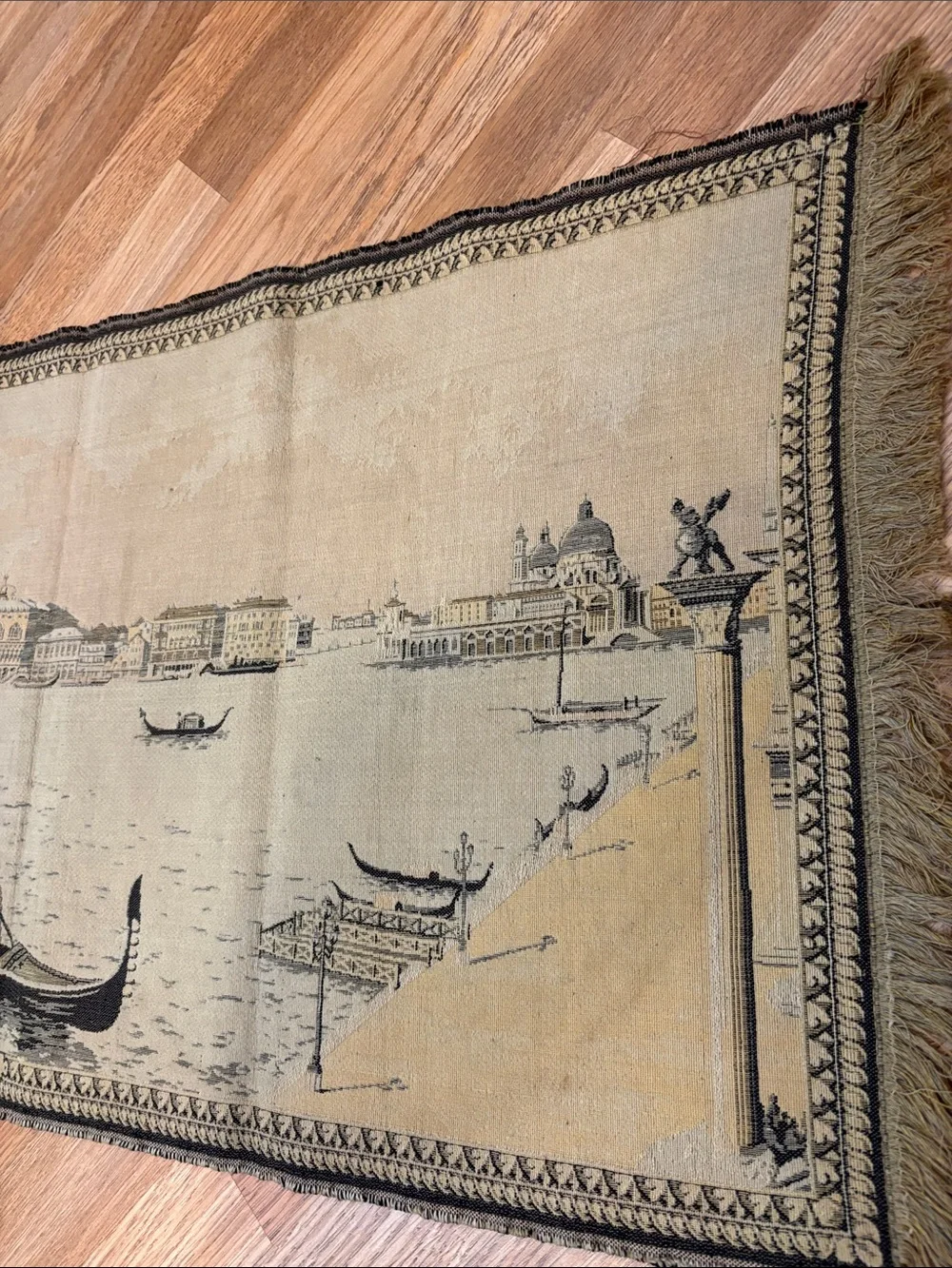 Vintage Venezia Beige and Black Venetian Gondola Wall Tapestry